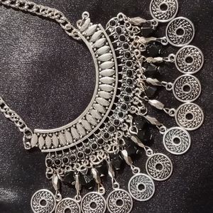 Premiere design statement necklace 14+3 . Black opalescent & coin tassel